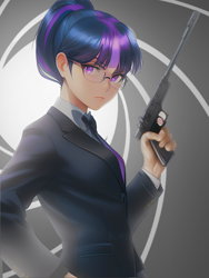 Size: 1020x1360 | Tagged: safe, imported from derpibooru, sci-twi, twilight sparkle, human, equestria girls, ai assisted, ai content, ai generated, clothes, cosplay, costume, female, generator:novelai, generator:stable diffusion, glasses, gun, half body, handgun, humanized, james bond, looking at you, pistol, ponytail, prompter:sammykun, serious, serious face, solo, suit, tuxedo, weapon