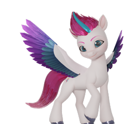 Size: 1080x1080 | Tagged: safe, artist:littleiceage, imported from derpibooru, zipp storm, pegasus, pony, 3d, colored wings, eyebrows, female, g5, mare, multicolored wings, raised hoof, simple background, smiling, solo, spread wings, transparent background, wings