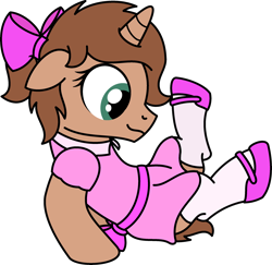 Size: 2655x2580 | Tagged: safe, artist:peternators, imported from derpibooru, oc, oc only, oc:heroic armour, pony, unicorn, bow, clothes, colt, crossdressing, dress, fake eyelashes, floppy ears, foal, hair bow, horn, male, mary janes, ponytail, shoes, simple background, smiling, socks, solo, thigh highs, transparent background, unicorn oc