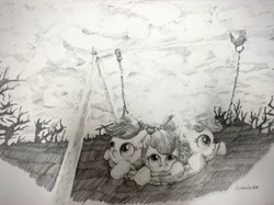 Size: 3482x2611 | Tagged: safe, artist:widelake, imported from derpibooru, apple bloom, scootaloo, sweetie belle, earth pony, pegasus, unicorn, cloud, cloudy, cutie mark crusaders, female, filly, foal, pencil drawing, sunset, swing, traditional art, tree, trio