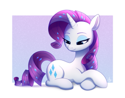 Size: 1173x922 | Tagged: safe, artist:luminousdazzle, imported from derpibooru, rarity, pony, unicorn, eyeshadow, female, looking down, lying down, makeup, mare, prone, simple background, smiling, solo