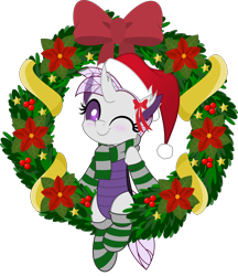 Size: 4320x5000 | Tagged: safe, artist:jhayarr23, imported from derpibooru, oc, oc only, oc:elytra, changedling, changeling, changedling oc, changeling oc, christmas, christmas changeling, christmas wreath, clothes, hat, holiday, purple changeling, santa hat, scarf, simple background, socks, solo, striped scarf, striped socks, transparent background, wreath