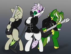 Size: 1422x1080 | Tagged: safe, artist:copycat, artist:silent-e, imported from derpibooru, oc, oc only, oc:copycat, oc:draklerahl, oc:elytra, changedling, changeling, unicorn, bipedal, changedling oc, changeling oc, electric guitar, gradient background, guitar, horn, microphone, microphone stand, music, musical instrument, my chemical romance, unicorn oc