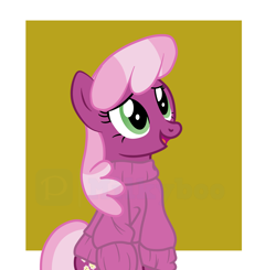Size: 5840x5728 | Tagged: safe, artist:milkyboo898, imported from derpibooru, cheerilee, earth pony, pony, abstract background, clothes, female, mare, open mouth, sitting, solo, sweater, turtleneck