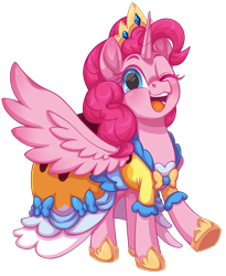 Size: 1632x1986 | Tagged: safe, artist:moonseeker, imported from derpibooru, pinkie pie, alicorn, pony, alicornified, clothes, crown, dress, horn, jewelry, one eye closed, open mouth, open smile, pinkiecorn, princess pinkie pie, race swap, regalia, simple background, smiling, solo, transparent background, wings, wink, xk-class end-of-the-world scenario