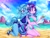 Size: 2500x1878 | Tagged: safe, alternate version, artist:stainedglasslighthea, imported from derpibooru, starlight glimmer, trixie, anthro, plantigrade anthro, unicorn, beach, big breasts, bikini, blue bikini, blue swimsuit, breasts, busty starlight glimmer, busty trixie, clothes, duo, female, food, green bikini, green swimsuit, high heels, ice cream, lesbian, mare, ocean, partial nudity, shipping, shoes, startrix, swimsuit, topless, water