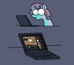 Size: 2048x1793 | Tagged: safe, artist:punkittdev, imported from derpibooru, sweetie belle, horse, pony, unicorn, computer, female, filly, foal, looking at something, solo, video, youtube