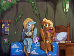 Size: 1600x1200 | Tagged: safe, artist:willoillo, imported from derpibooru, apple bloom, scootaloo, sweetie belle, oc, oc only, oc:balmy breeze, oc:threnody, pegasus, pony, fallout equestria, fallout equestria: speak, bed, clothes, cutie mark crusaders, duo, fanfic art, female, jumpsuit, mare, on bed, pegasus oc, pipbuck, plushie, vault suit