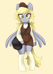 Size: 1429x1971 | Tagged: safe, artist:twilightsparkee, imported from derpibooru, derpy hooves, pegasus, pony, semi-anthro, clothes, female, mailmare, simple background, solo, stockings, thigh highs, yellow background