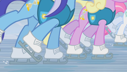 Size: 1280x720 | Tagged: safe, imported from derpibooru, screencap, minuette, spring forward, earth pony, pony, unicorn, winter wrap up, duo focus, female, ice skating, mare, offscreen character