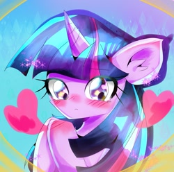 Size: 1957x1938 | Tagged: safe, artist:applejack_yokai, imported from derpibooru, twilight sparkle, pony, unicorn, blushing, ear fluff, female, heart, solo