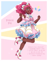 Size: 1606x2048 | Tagged: safe, artist:applesartt, imported from derpibooru, pinkie pie, human, bow, clothes, dark skin, female, hair bow, humanized, looking at you, one leg raised, open mouth, shoes, solo, text