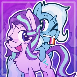 Size: 3264x3264 | Tagged: safe, artist:stariightglimmr, imported from derpibooru, starlight glimmer, trixie, pony, unicorn, duo, female, high res, lesbian, lesbian pride flag, one eye closed, open mouth, open smile, pride, pride flag, shipping, smiling, starry eyes, startrix, wingding eyes