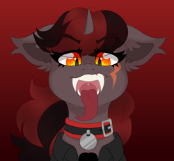 Size: 5944x5500 | Tagged: safe, artist:crazysketch101, imported from derpibooru, oc, oc only, oc:lil darkie, alicorn, bat pony, bat pony alicorn, pony, bust, collar, fangs, forked tongue, gradient background, horn, mawshot, open mouth, solo, teeth, tongue out, uvula