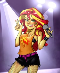 Size: 900x1097 | Tagged: safe, artist:marrycherrydraw, imported from derpibooru, sunset shimmer, human, equestria girls, clothes, female, fishnets, microphone, shorts, solo, tongue out
