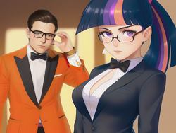 Size: 1360x1020 | Tagged: safe, imported from derpibooru, sci-twi, twilight sparkle, human, ai content, ai generated, breasts, clothes, crossover, eggsy (kingsman), female, generator:stable diffusion, humanized, kingsman: the secret service, male, movie reference, prompter:sammykun, reasonably sized breasts, spy, suit, tuxedo