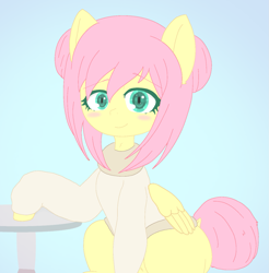 Size: 1439x1463 | Tagged: artist needed, source needed, safe, imported from derpibooru, fluttershy, pegasus, pony, alternate hairstyle, blushing, bottomless, clothes, dock, folded wings, gradient background, hair bun, ibispaint x, missing cutie mark, partial nudity, smiling, solo, sweater, sweatershy, table, tail, tail bun, wings