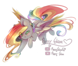 Size: 2546x2166 | Tagged: safe, artist:prettyshinegp, imported from derpibooru, oc, oc only, pegasus, pony, female, flying, mare, multicolored hair, pegasus oc, rainbow hair, raised hoof, signature, simple background, solo, transparent background