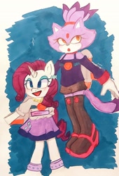 Size: 1694x2486 | Tagged: safe, artist:cloudypandauwu, imported from derpibooru, rarity, anthro, unicorn, abstract background, blaze the cat, clothes, duo, eyelashes, female, jetpack, makeup, mobian, skirt, smiling, sonic the hedgehog (series), sonicified