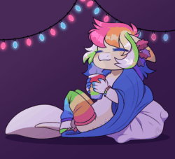 Size: 1100x1000 | Tagged: safe, artist:purplegrim40, imported from derpibooru, oc, oc only, anthro, earth pony, unguligrade anthro, animated, blanket, bracelet, christmas, christmas lights, clothes, commission, ear flick, earth pony oc, eyes closed, floppy ears, gif, holiday, horn, jewelry, leg warmers, mug, multicolored hair, pillow, purple background, rainbow hair, simple background, smiling, solo, string lights, ych result