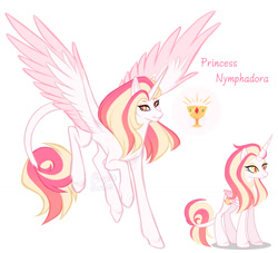 Size: 1024x931 | Tagged: safe, artist:purplegrim40, imported from derpibooru, oc, oc only, oc:nymphadora, alicorn, hybrid, pony, alicorn oc, bio in description, duality, eyebrows, female, folded wings, horn, interspecies offspring, leonine tail, looking at you, mare, offspring, parent:princess celestia, parent:scorpan, parents:scorlestia, signature, simple background, smiling, smiling at you, solo, spread wings, tail, watermark, white background, wings