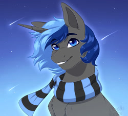 Size: 1024x931 | Tagged: safe, artist:purplegrim40, imported from derpibooru, oc, oc only, oc:orion, pony, unicorn, bust, clothes, horn, male, night, scarf, shooting star, solo, stallion, striped scarf, unicorn oc