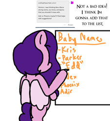 Size: 3023x3351 | Tagged: safe, artist:professorventurer, imported from derpibooru, pipp petals, pegasus, pony, series:ask pippamena, bipedal, female, g5, list, mare, marker, one quarter view, pippamena, pregnant, solo, whiteboard