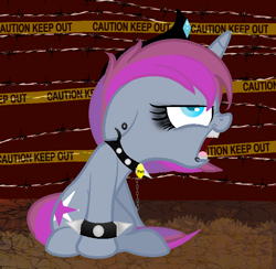 Size: 722x704 | Tagged: safe, artist:harmonicdreemur1308, imported from derpibooru, oc, oc only, oc:metal shine, pony, unicorn, choker, eyelashes, female, filly, foal, horn, jewelry, police tape, solo, spiked choker, spiked wristband, tiara, unicorn oc, wristband