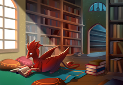 Size: 2868x2000 | Tagged: safe, artist:28gooddays, imported from derpibooru, oc, oc only, classical hippogriff, hippogriff, book, bookshelf, commission, crepuscular rays, dust motes, hippogriff oc, indoors, jewelry, library, lying down, necklace, prone, reading, solo