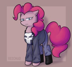 Size: 2500x2300 | Tagged: safe, artist:rescmad_, imported from derpibooru, pinkie pie, earth pony, pony, clothes, female, mare, marvel, punisher, solo, the punisher