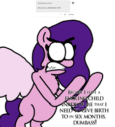 Size: 3023x3351 | Tagged: safe, artist:professorventurer, imported from derpibooru, pipp petals, pegasus, pony, series:ask pippamena, angry, belly, big belly, chest fluff, female, g5, gritted teeth, idiot, mare, pippamena, pregnant, primrose petals, sharp teeth, spread wings, teeth, vulgar, wings