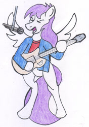 Size: 435x619 | Tagged: safe, artist:rdk, imported from twibooru, nightshade, pegasus, pony, semi-anthro, bipedal, clothes, guitar, image, male, musical instrument, needs more jpeg, open mouth, simple background, singing, solo, spread wings, stallion, white background, wings