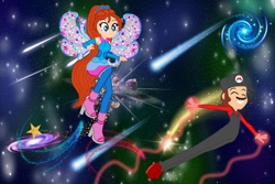 Size: 3000x2000 | Tagged: safe, artist:kova360, artist:user15432, imported from derpibooru, fairy, human, equestria girls, barely eqg related, base used, bloom (winx club), blue wings, boots, cap, clothes, comet, cosmix, crossover, equestria girls style, equestria girls-ified, eyes closed, fairy wings, fingerless gloves, flying, flying mario, galaxy, galaxy background, gloves, glowing hands, hat, high heel boots, high heels, mario, mario's hat, milky way galaxy, overalls, red shoes, shoes, shooting star, smiling, space, sparkly wings, spiral, spiral galaxy, stars, super mario bros., super mario galaxy, wings, winx club
