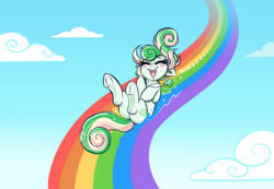 Size: 1730x1198 | Tagged: safe, artist:confetticakez, imported from derpibooru, oc, oc only, oc:lucky charm, earth pony, pony, blushing, earth pony oc, eyes closed, happy, open mouth, open smile, rainbow, smiling, solo, underhoof