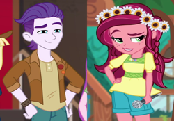 Size: 1506x1050 | Tagged: safe, edit, edited screencap, imported from derpibooru, screencap, dirk thistleweed, gloriosa daisy, human, equestria girls, equestria girls series, how to backstage, legend of everfree, spoiler:eqg series (season 2), bedroom eyes, crack shipping, dirkiosa, eyebrows, female, hand on hip, male, microphone, raised eyebrow, shipping, shipping domino, straight