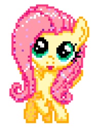 Size: 399x528 | Tagged: safe, imported from twibooru, fluttershy, pegasus, blepping, image, needs more jpeg, pixel art, raised hoof, smiling, solo