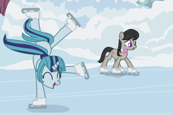 Size: 1280x853 | Tagged: artist needed, source needed, safe, edit, edited screencap, imported from derpibooru, screencap, octavia melody, sonata dusk, earth pony, pony, unicorn, equestria girls, winter wrap up, cute, duo, duo female, equestria girls ponified, eyes closed, female, ice skating, mare, open mouth, open smile, ponified, smiling, snow, sonatabetes, tavibetes