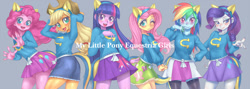Size: 1600x568 | Tagged: safe, artist:hoihoi, imported from derpibooru, applejack, fluttershy, pinkie pie, rainbow dash, rarity, sci-twi, twilight sparkle, human, equestria girls, equestria girls (movie), blushing, clothes, gray background, humane five, humane six, looking at you, one eye closed, open mouth, open smile, simple background, smiling, sweater, wink, wondercolt ears, wondercolts uniform