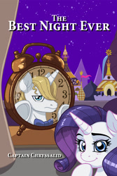 Size: 1000x1500 | Tagged: safe, artist:latecustomer, imported from derpibooru, prince blueblood, rarity, pony, fanfic:the best night ever, canterlot, clock, fanfic, fanfic art, fanfic cover, female, groundhog day, male, rariblood, shipping, straight