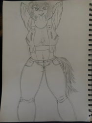 Size: 3024x4032 | Tagged: safe, artist:darkini von blessy, imported from derpibooru, oc, anthro, anthro oc, belly button, breasts, clothes, cool, denim, drawing, female, happy, jacket, jeans, leather, leather jacket, messy mane, messy tail, monochrome, pants, pencil drawing, pose, sketch, sketchbook, smiling, solo, tail, traditional art