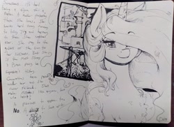 Size: 2048x1490 | Tagged: safe, artist:thelunarmoon, imported from derpibooru, princess celestia, alicorn, pony, canterlot, chest fluff, eyebrows visible through hair, female, folded wings, hair over one eye, horn, mare, monochrome, sketch, smiling, solo, text, traditional art, wings