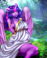 Size: 2362x2952 | Tagged: safe, artist:littlebird, imported from derpibooru, twilight sparkle, alicorn, anthro, armlet, breasts, female, forest, goddess, horn, jewelry, looking at you, preglight sparkle, pregnant, smiling, smiling at you, solo, twilight sparkle (alicorn), wings