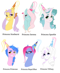 Size: 2530x3094 | Tagged: safe, artist:aztrial, imported from derpibooru, princess primrose, princess royal blue, princess serena, princess sparkle, princess starburst, princess tiffany, earth pony, pegasus, pony, unicorn, description is relevant, female, g1, group, hat, hennin, mare, princess, princess ponies, redesign, sextet, simple background, white background