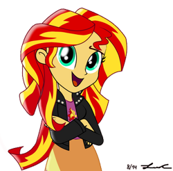 Size: 407x400 | Tagged: safe, artist:sugarilicious, imported from derpibooru, sunset shimmer, human, equestria girls, clothes, jacket, leather, leather jacket, shirt, simple background, skirt, solo, transparent background, vest