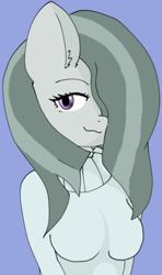 Size: 394x666 | Tagged: safe, anonymous artist, imported from derpibooru, marble pie, anthro, earth pony, :3, blue background, breasts, clothes, ear fluff, female, hair over one eye, ibispaint x, simple background, smiling, solo, sweater