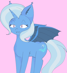 Size: 730x793 | Tagged: safe, anonymous artist, imported from derpibooru, trixie, alicorn, bat pony, bat pony alicorn, pony, :3, bat wings, fangs, horn, ibispaint x, pink background, simple background, solo, spread wings, wings