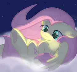 Size: 3277x3066 | Tagged: safe, artist:fuzzy cyclone, imported from derpibooru, fluttershy, pegasus, pony, blushing, cloud, colored pupils, cute, dark, female, high res, lighting, mare, night, on a cloud, partially open wings, smiling, solo, starry sky, wings