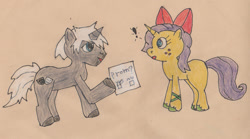 Size: 881x491 | Tagged: safe, artist:charade, imported from derpibooru, oc, oc only, oc:charade, oc:flower dust, pony, unicorn, 2014, bow, duo, hair bow, horn, oc x oc, pony prom, shipping, traditional art, unicorn oc