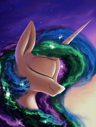 Size: 3000x4000 | Tagged: safe, artist:rocket-lawnchair, imported from derpibooru, princess celestia, alicorn, pony, bust, eyes closed, female, horn, mare, nebula, portrait, side view, smiling, solo, space, stars