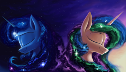 Size: 7000x4000 | Tagged: safe, artist:rocket-lawnchair, imported from derpibooru, princess celestia, princess luna, alicorn, pony, bust, duo, ethereal mane, eyes closed, galaxy mane, horn, mare, royal sisters, siblings, sisters, smiling, space